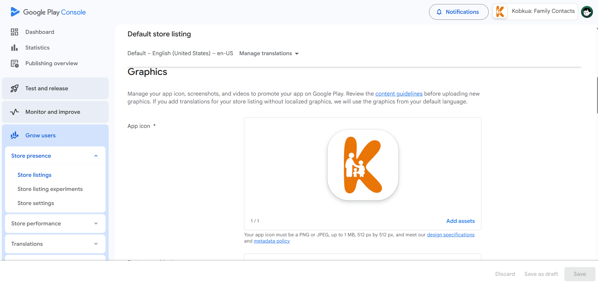 Store listing page showing app icon setup on Play Console