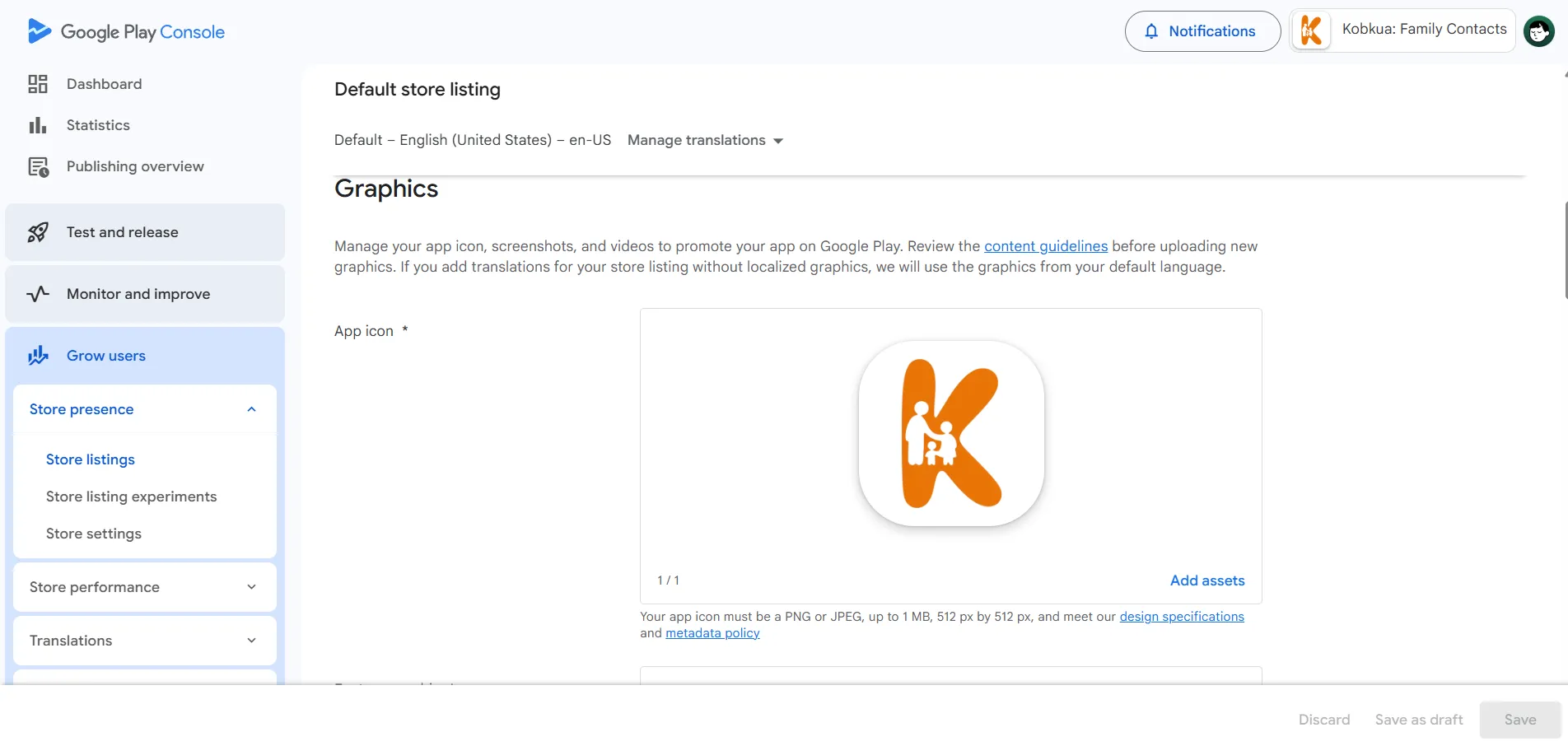 Store listing page showing app icon setup on Play Console