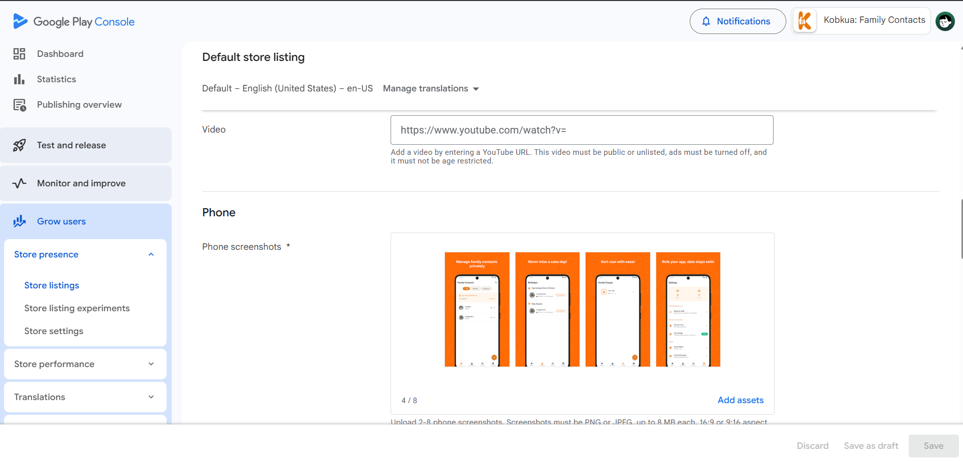 Phone screenshots section in the Play Console store listing