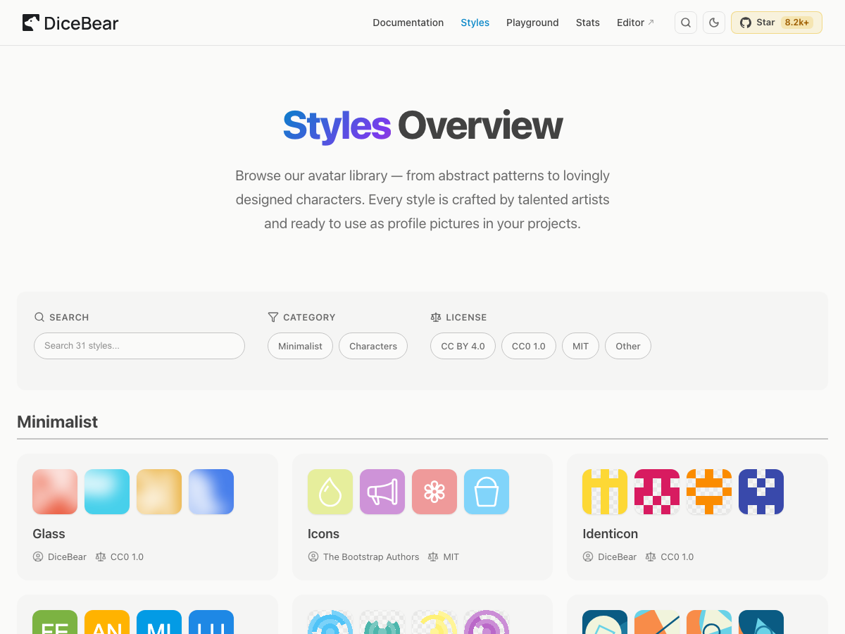 หน้า Styles Overview ของ DiceBear แสดงสไตล์ Avatar ทั้งหมดที่มีให้เลือก