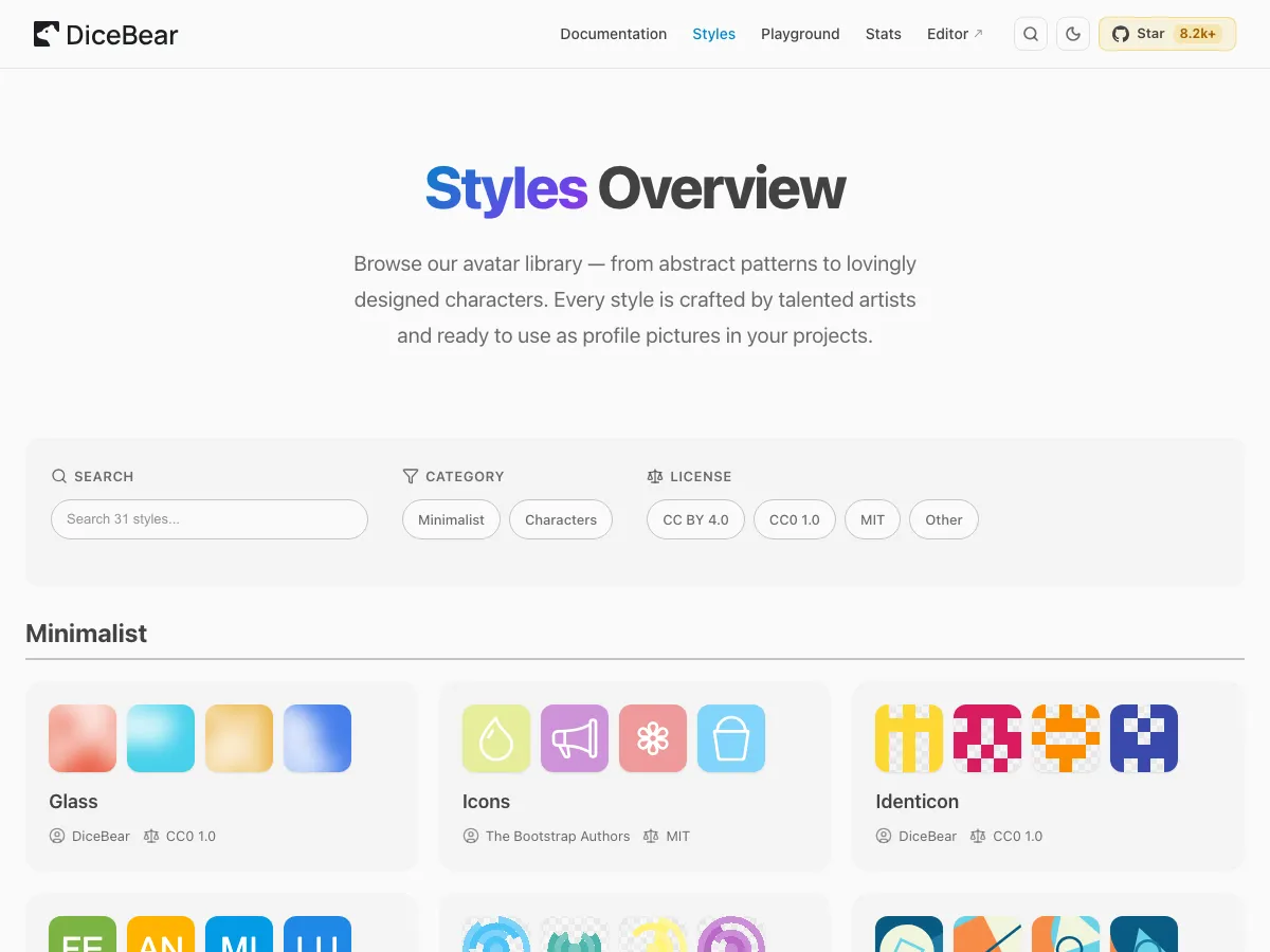 หน้า Styles Overview ของ DiceBear แสดงสไตล์ Avatar ทั้งหมดที่มีให้เลือก