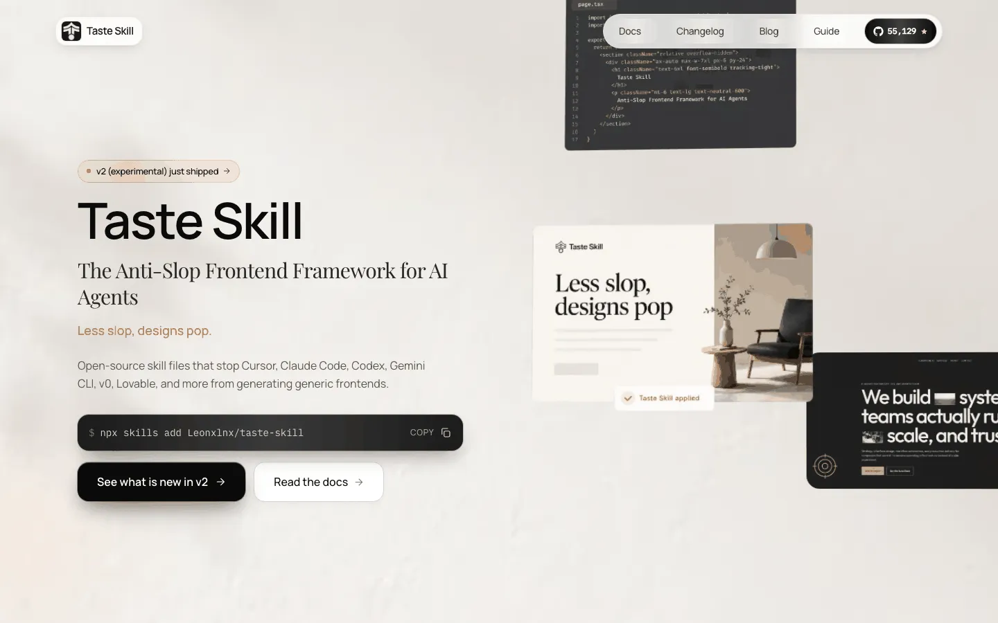 หน้าเว็บทางการ tasteskill.dev สโลแกน Less slop, designs pop พร้อมคำสั่งติดตั้ง npx skills add