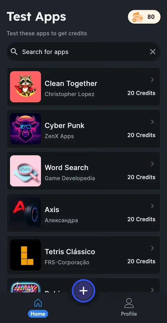 Testers Community app screen showing the credit-based testing system