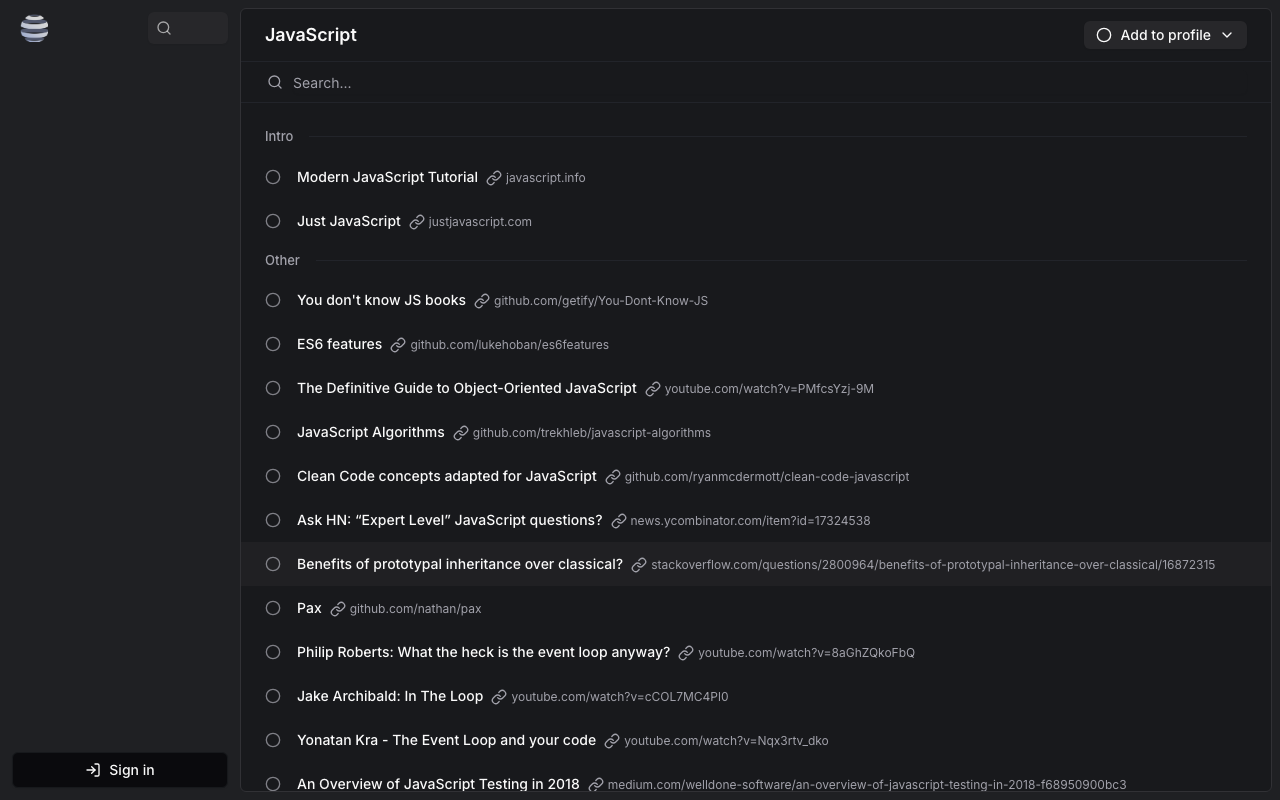 หน้า Topic ของ JavaScript แสดงรายการทรัพยากรการเรียนรู้