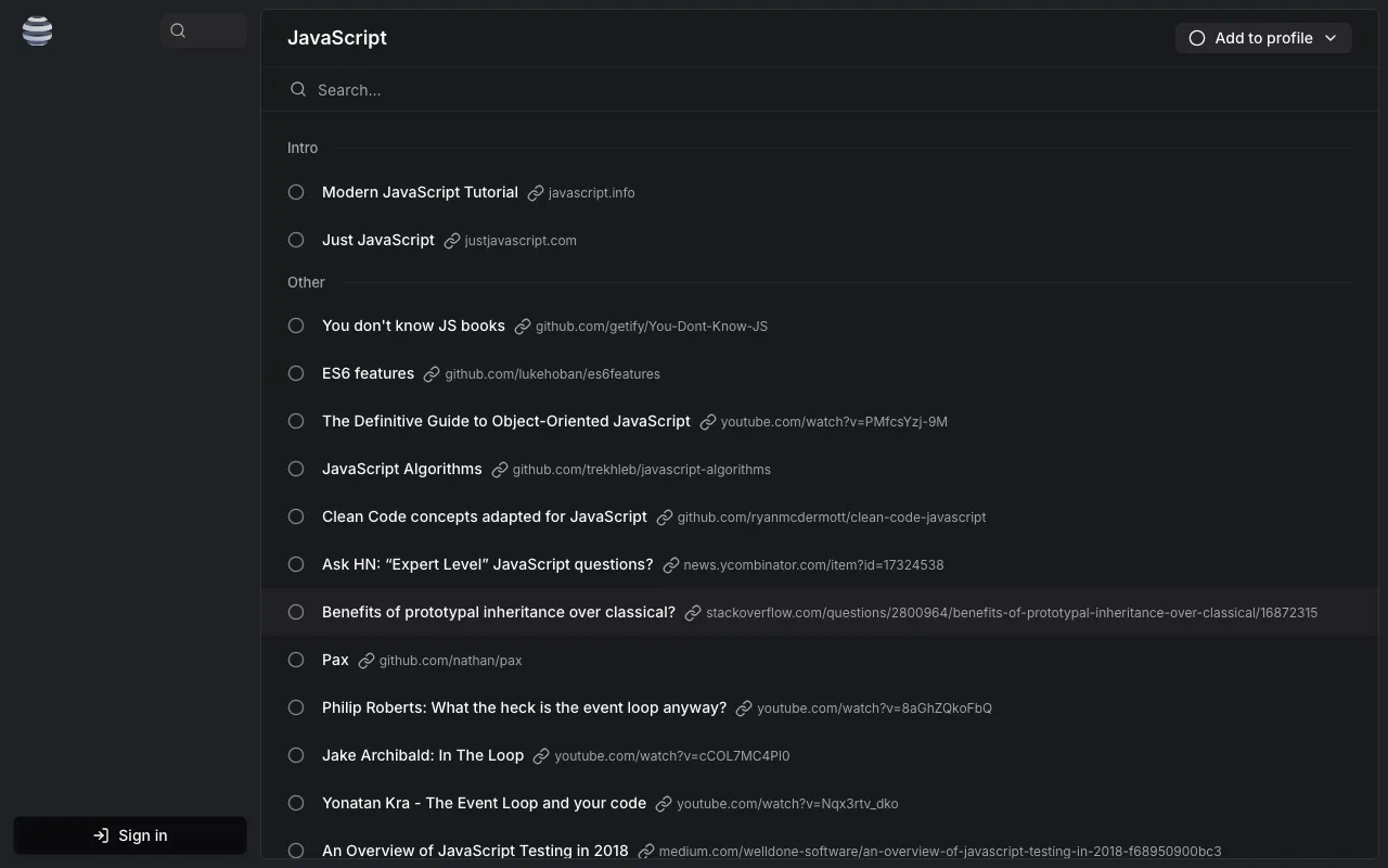 หน้า Topic ของ JavaScript แสดงรายการทรัพยากรการเรียนรู้