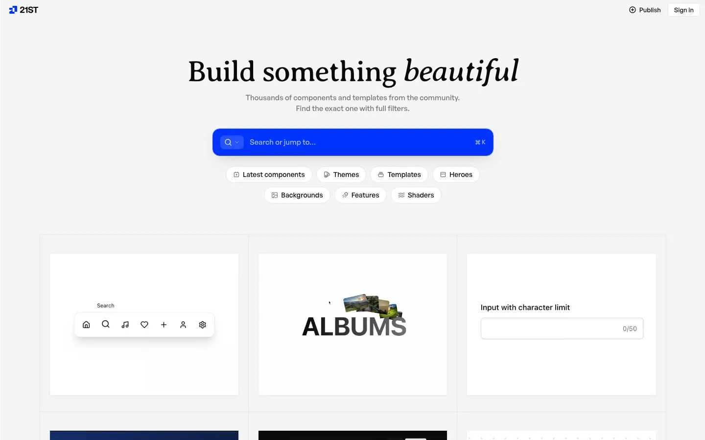 หน้าแรก 21st.dev คลัง component และ template จาก community พร้อมช่องค้นหาและหมวด Themes, Templates, Heroes