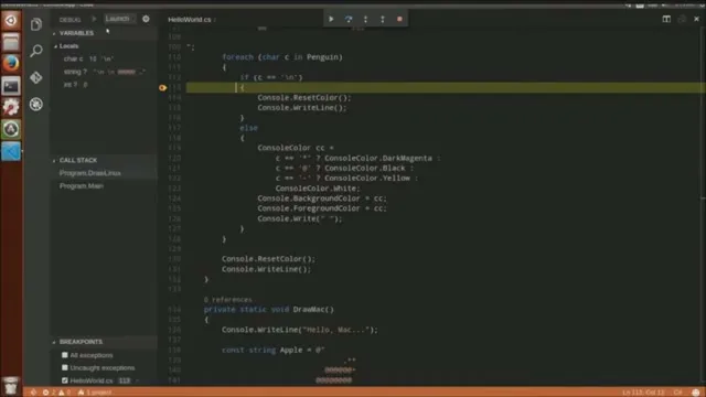 ภาพจากสารคดี VS Code รุ่นแรกกำลังดีบักโค้ดบน Ubuntu โดยมีบรรทัดที่หยุดอยู่ไฮไลต์ไว้และแถบตัวแปรทางซ้าย