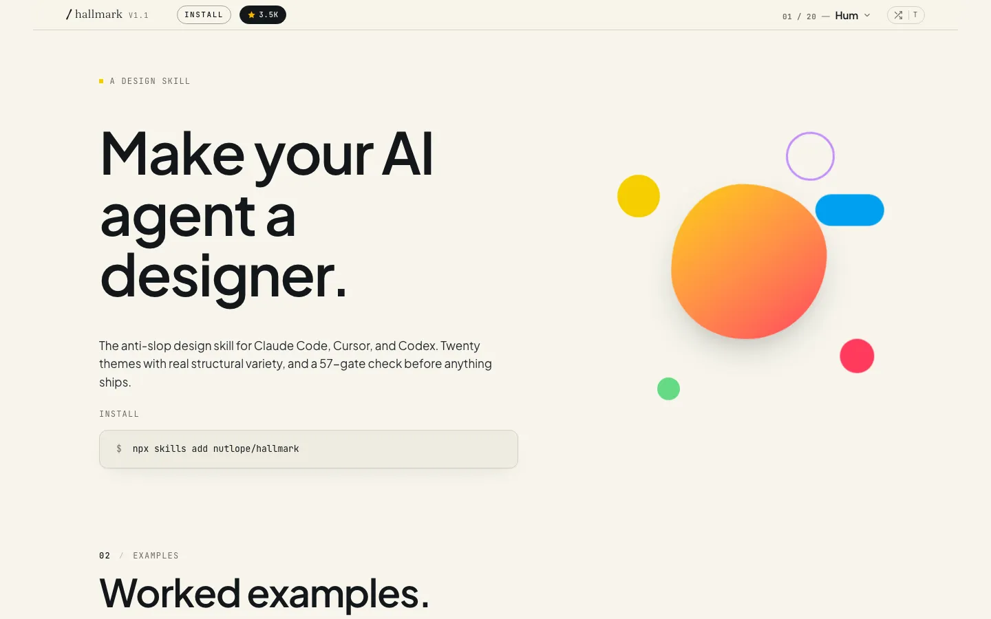 หน้าเว็บ usehallmark.com สโลแกน Make your AI agent a designer พร้อมคำสั่งติดตั้ง npx skills add nutlope/hallmark