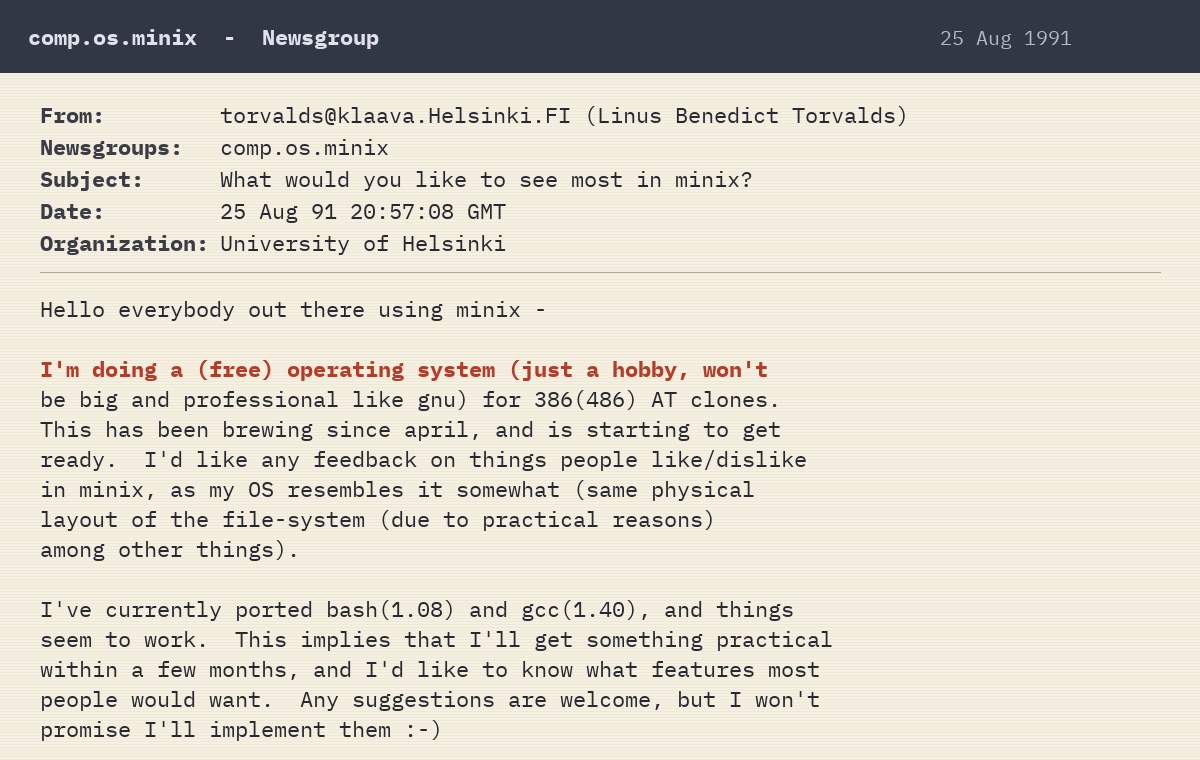 ภาพจำลองโพสต์ Usenet ของ Linus Torvalds ในกลุ่มข่าว comp.os.minix วันที่ 25 สิงหาคม 1991 พร้อมประโยค 'just a hobby, won't be big' ไฮไลต์สีแดง