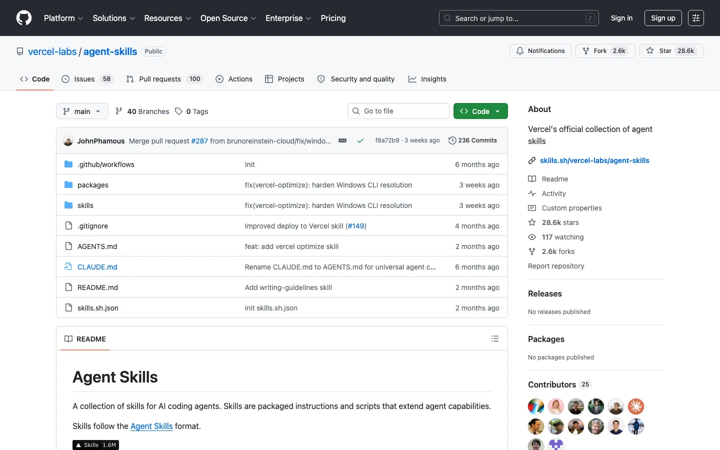 repo vercel-labs/agent-skills บน GitHub คลัง skill ทางการของ Vercel ดาว 28.6k