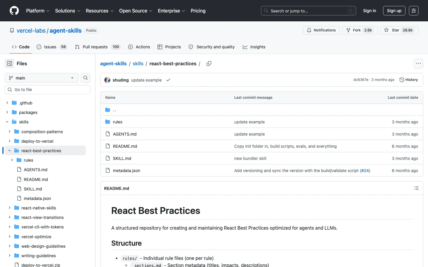 โฟลเดอร์ react-best-practices ใน repo ของ Vercel เก็บกฎ performance เป็นไฟล์ rule แยกรายข้อให้ agent อ่าน