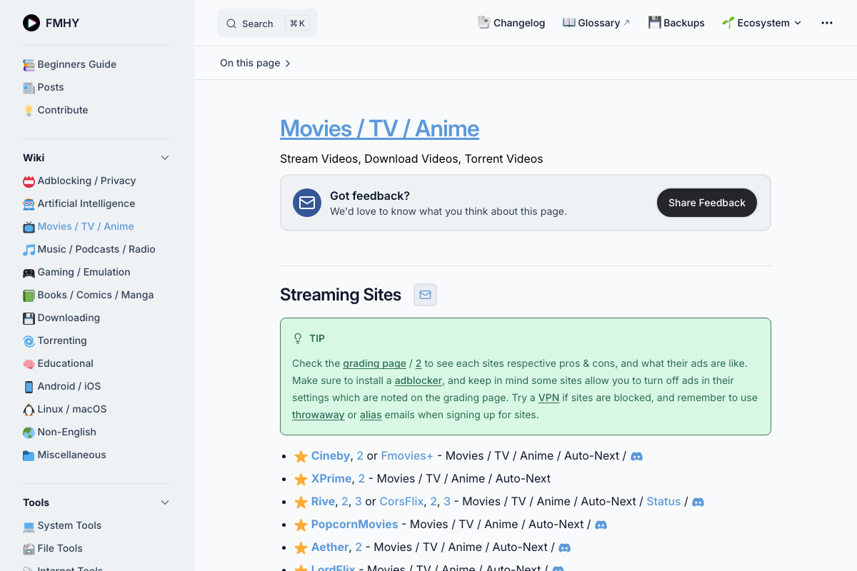 หน้า Movies / TV / Anime ของ FMHY แสดงรายการ Streaming Sites ที่ Community แนะนำ