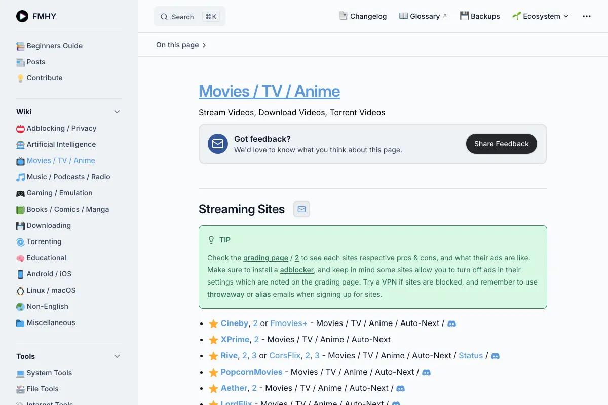 หน้า Movies / TV / Anime ของ FMHY แสดงรายการ Streaming Sites ที่ Community แนะนำ