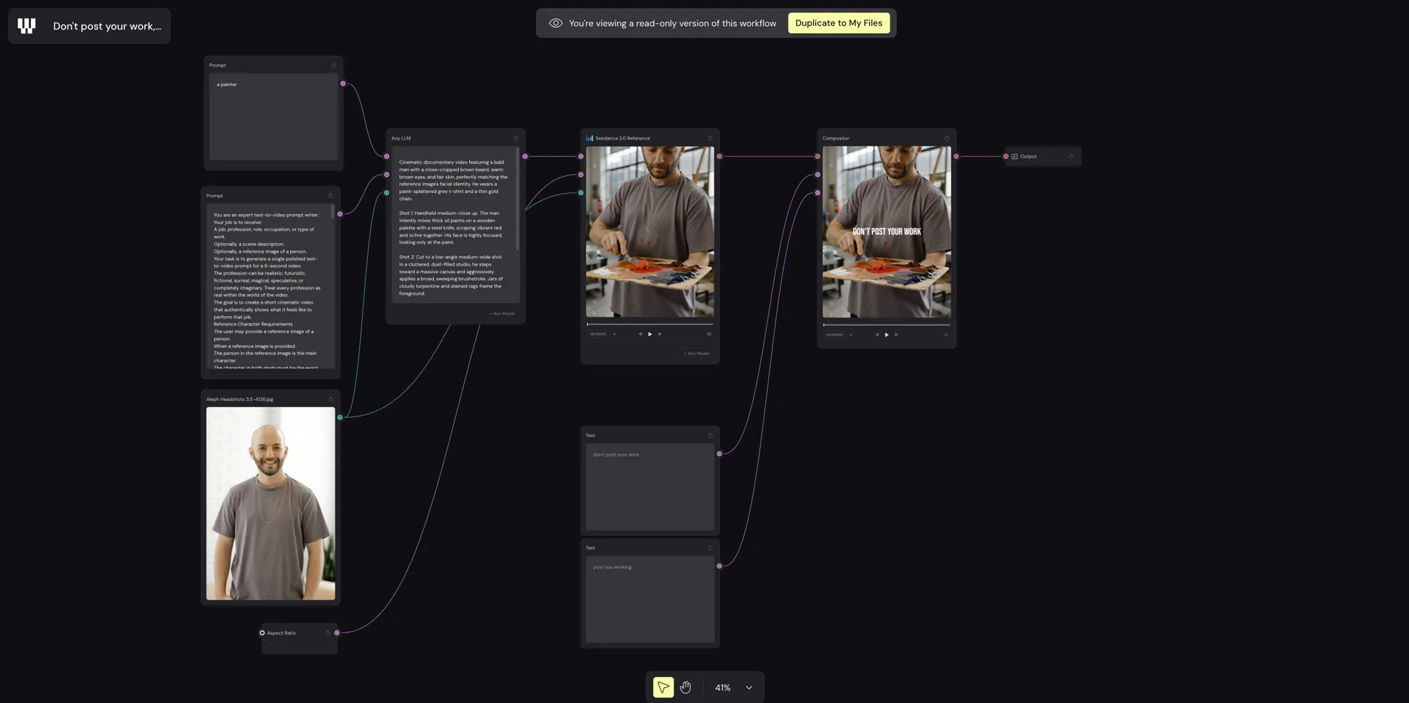 ตัวอย่าง workflow ใน Weave ที่ต่อโหนด Prompt, Any LLM, Seedance 2.0 Reference, Compositor และ Output เข้าด้วยกัน