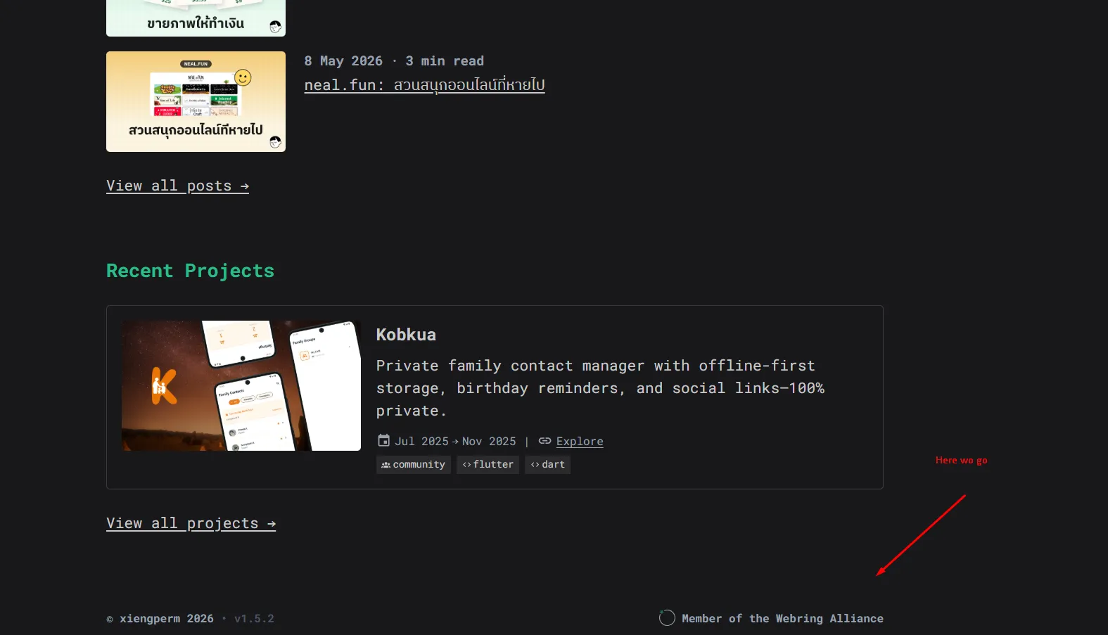 ป้าย Member of the Webring Alliance ที่ footer ของ xiengperm.dev