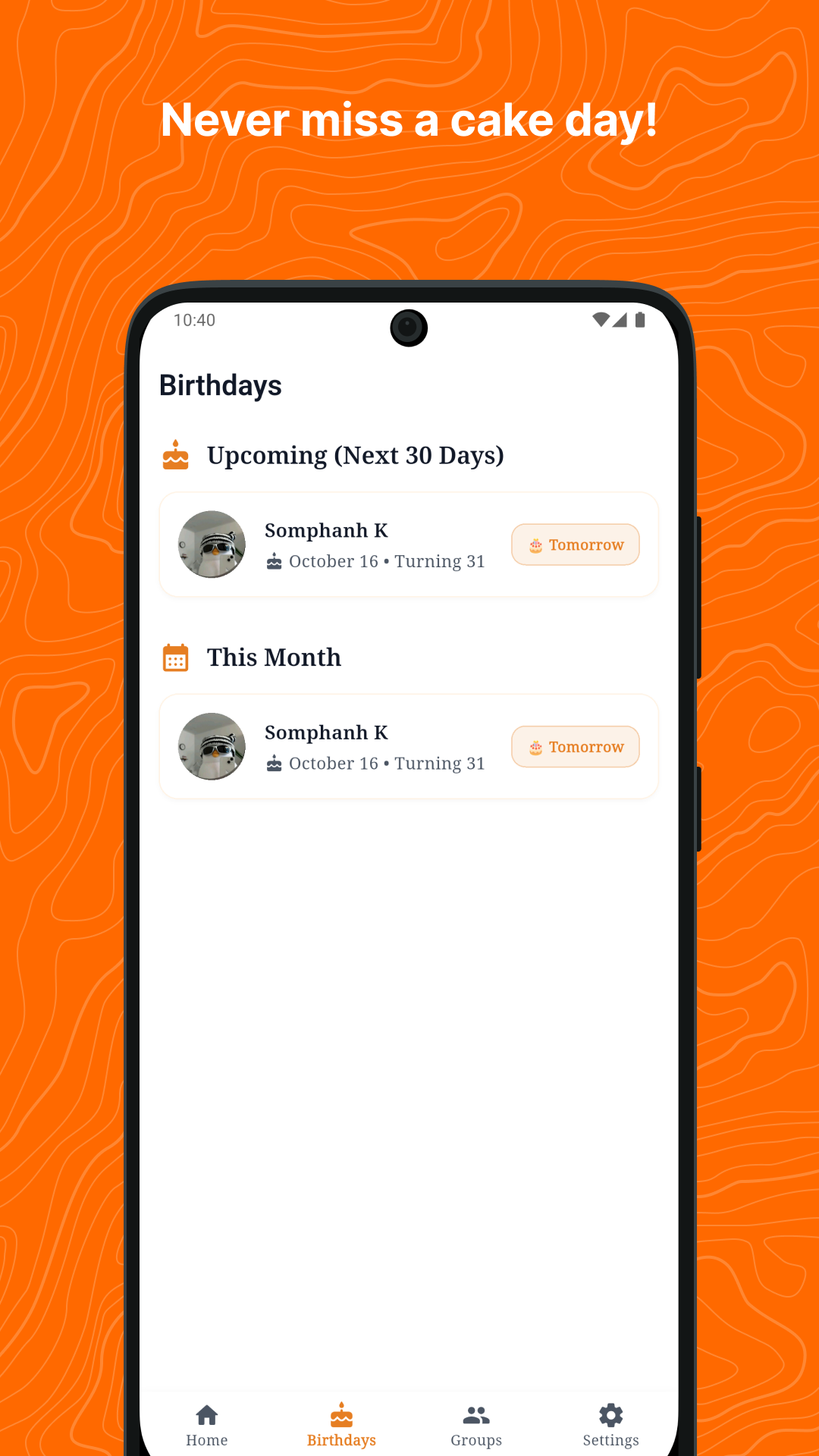 Screenshot design 2 — Never miss a cake day!